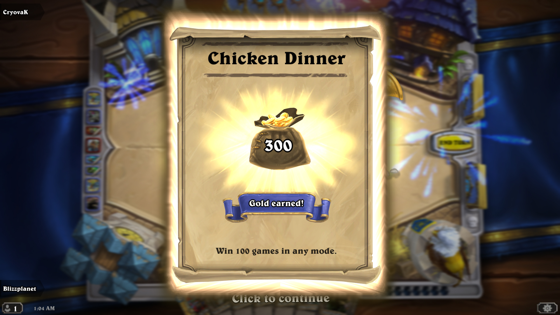 Hearthstone – Chicken Dinner Achievement – Win 100 Games in any Mode