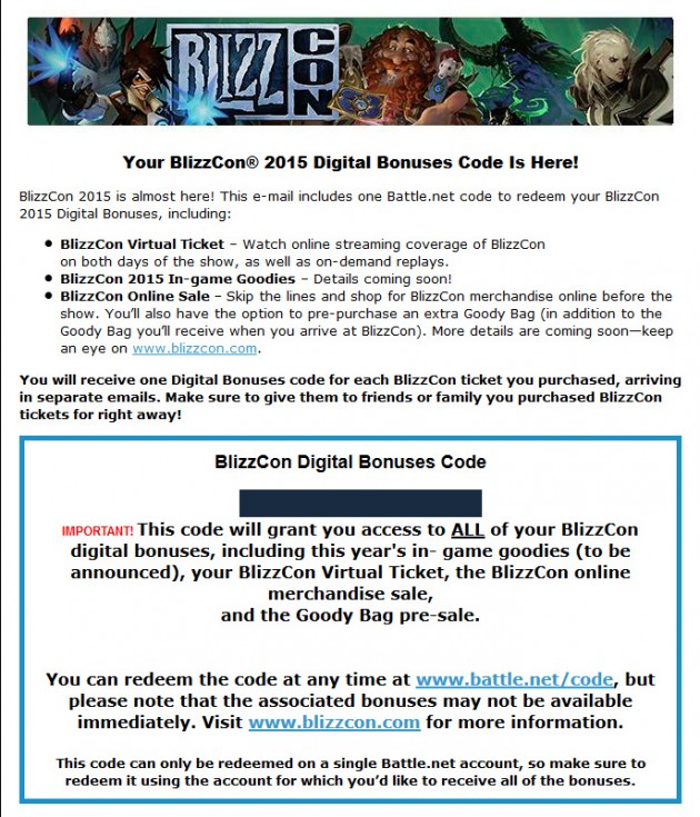 BlizzCon 2015 Digital Bonuses Code Arriving Now