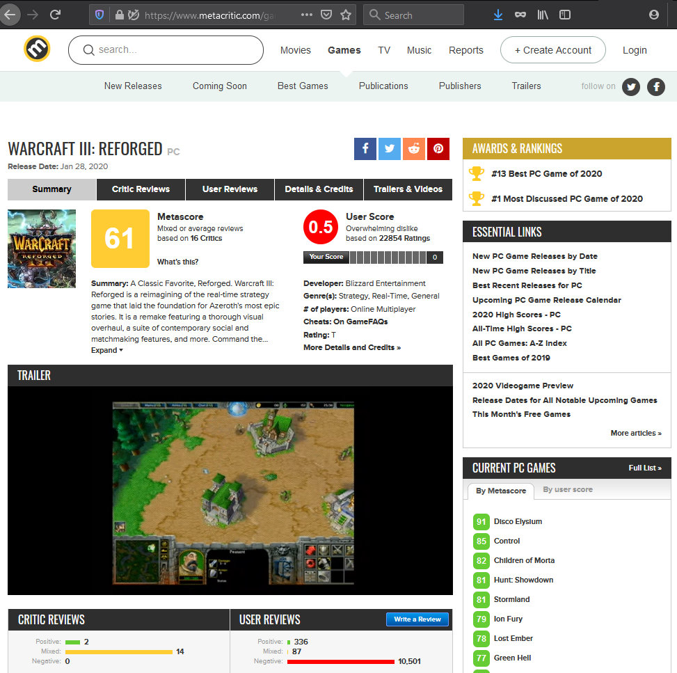 Warcraft 3: Reforged gets one of the lowest Metacritic user scores of all  time