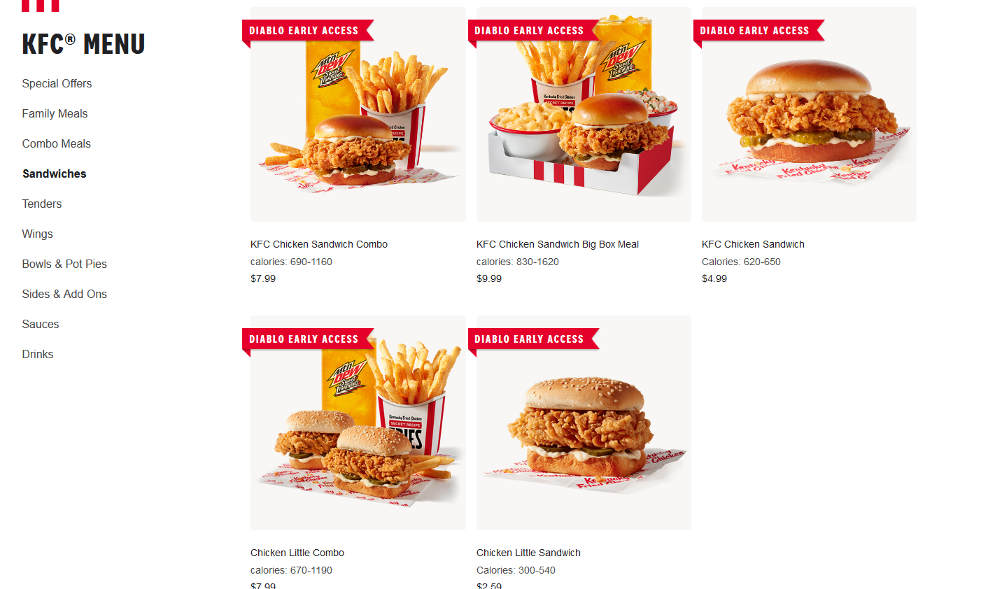 kfc menu prices